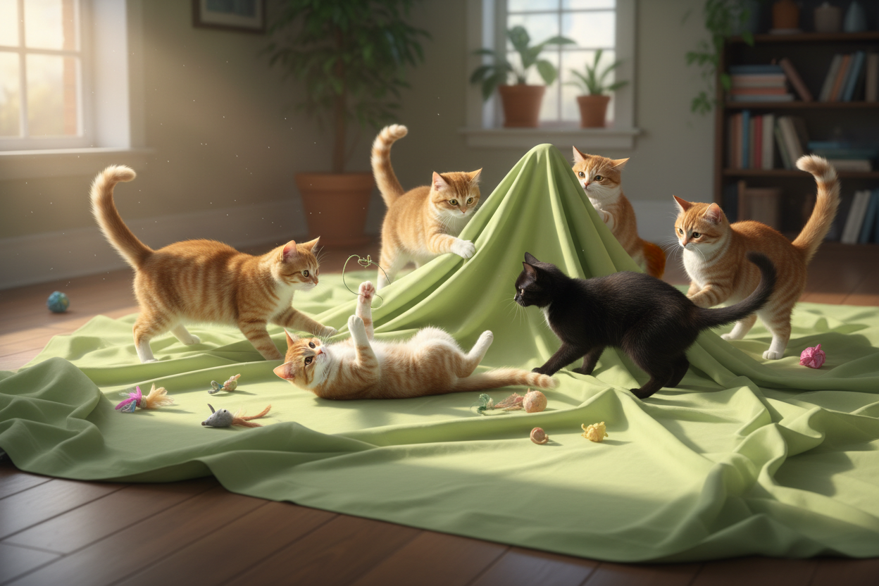 Katzen spielen auf einem helgrünem Laken